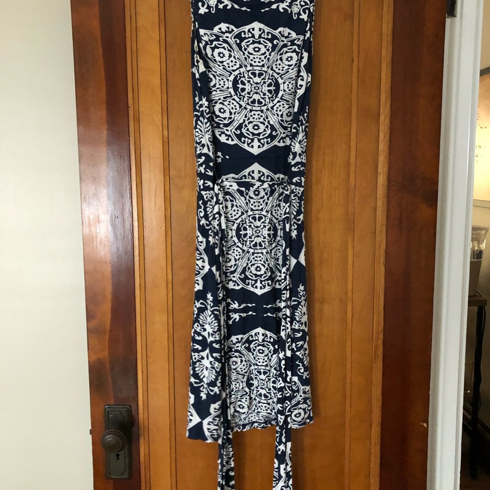 Below the knee navy and white dress.